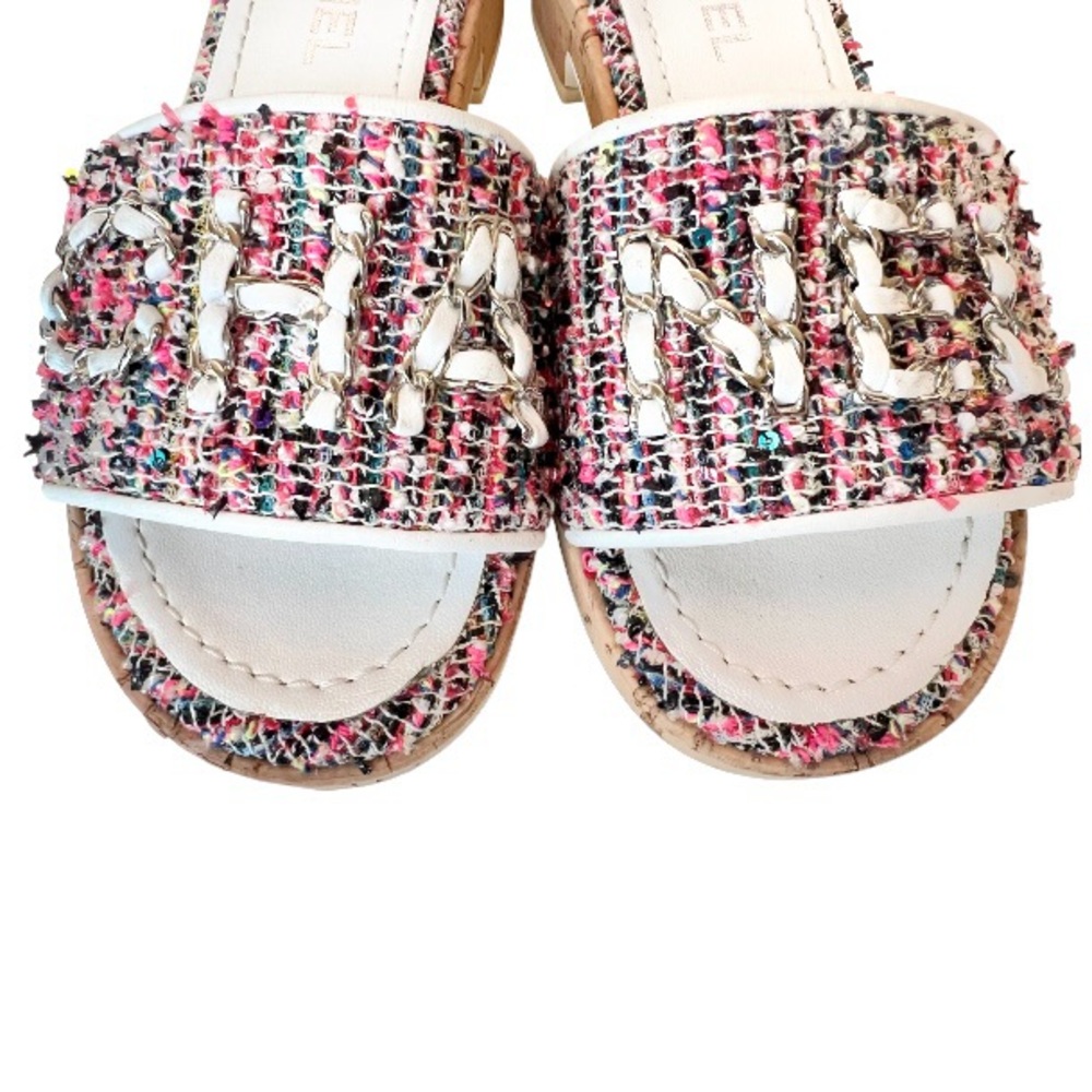 💞"CHA""NEL" Intertwined Leather Chain Tweed Mules Flats Sandals • PINK • 36.5 EU - Picture 3 of 14
